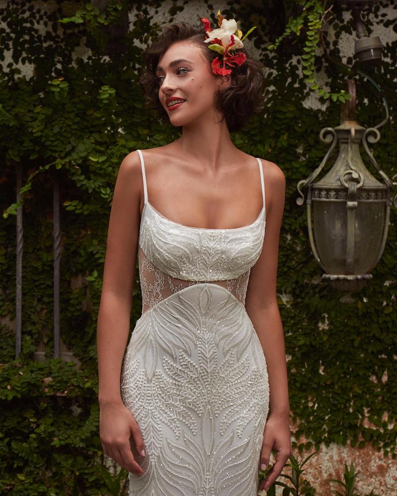 Lp2321 sparkly sexy wedding dress with lace and spaghetti straps3